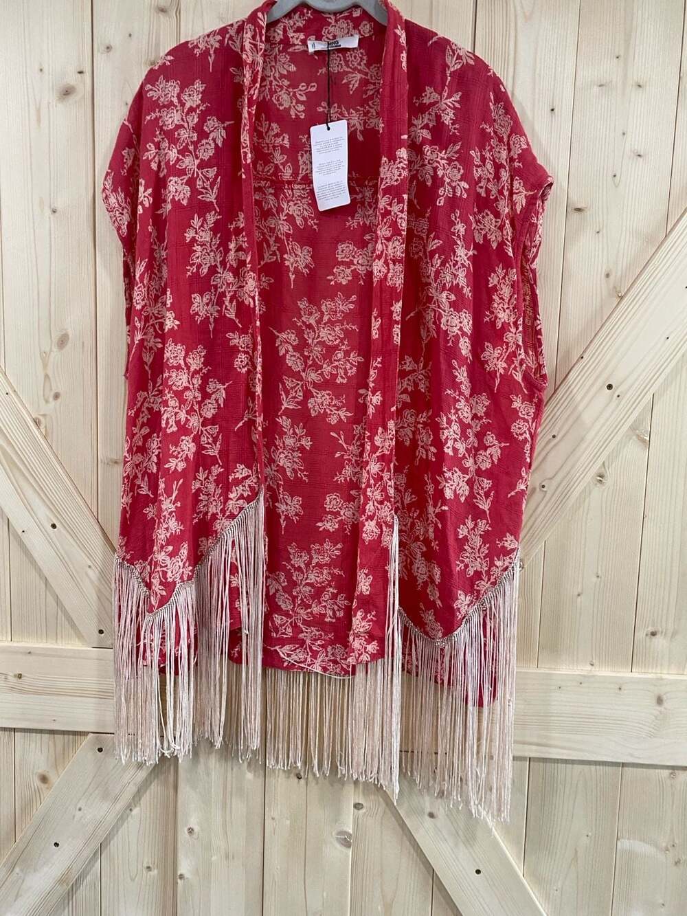 MNG Mango Caftan Killyam Red Floral Fringe Boho Kimono Coverup One Size NWT